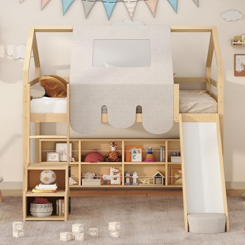 Harper & Bright Designs Kids Twin Low Loft Bed with Slide and Storage Shelves, Wood Playhouse Loft Bed Frame with a Tent & Stairs