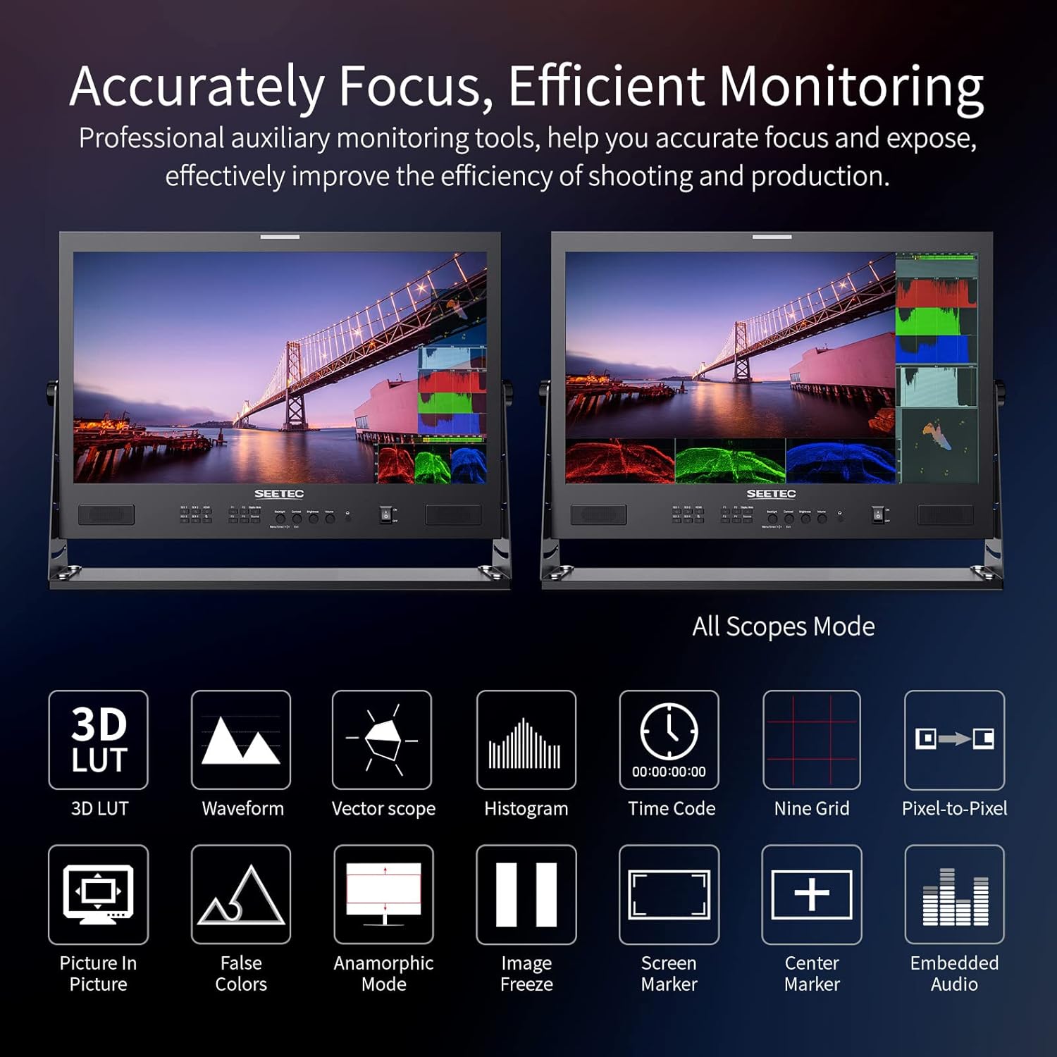 SEETEC ATEM215S 21.5 inch Multi Camera Broadcast Production Monitor with LUT Waveform HDR 3G SDI Input and Output HDMI Full HD 1920x1080