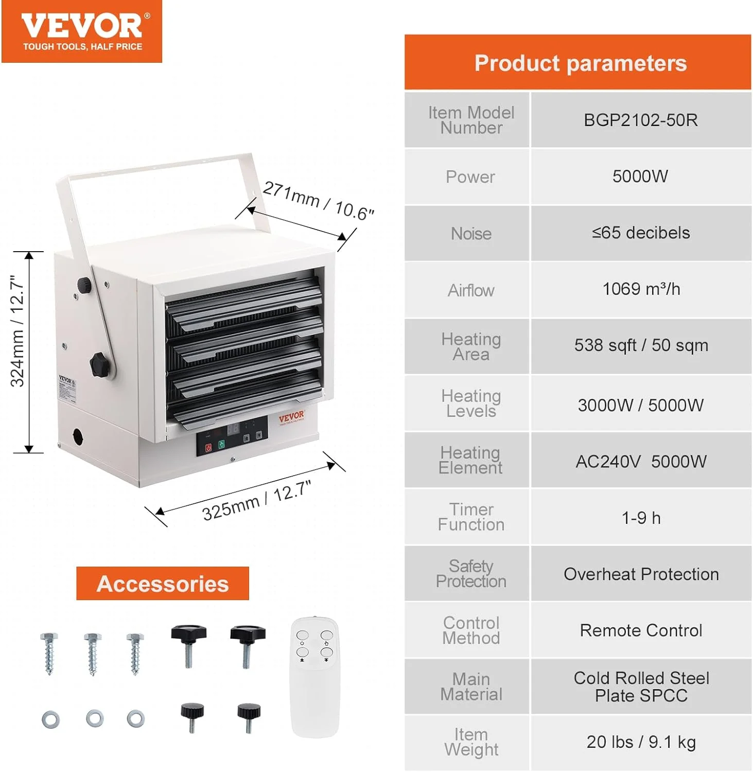 WAGEE Electric Garage Heater, 5000-Watt Digital Fan-Forced Wall/Ceiling Mount Shop Heater, with Remote Control Overheat Protection