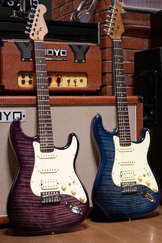 AKLOT Stryde Electric Guitar with Coil-Split: Roasted Maple Neck, Flame Maple Graphic Top, HSS Ceramic Pickups, Beginner Guitar Kit with 10W Amp