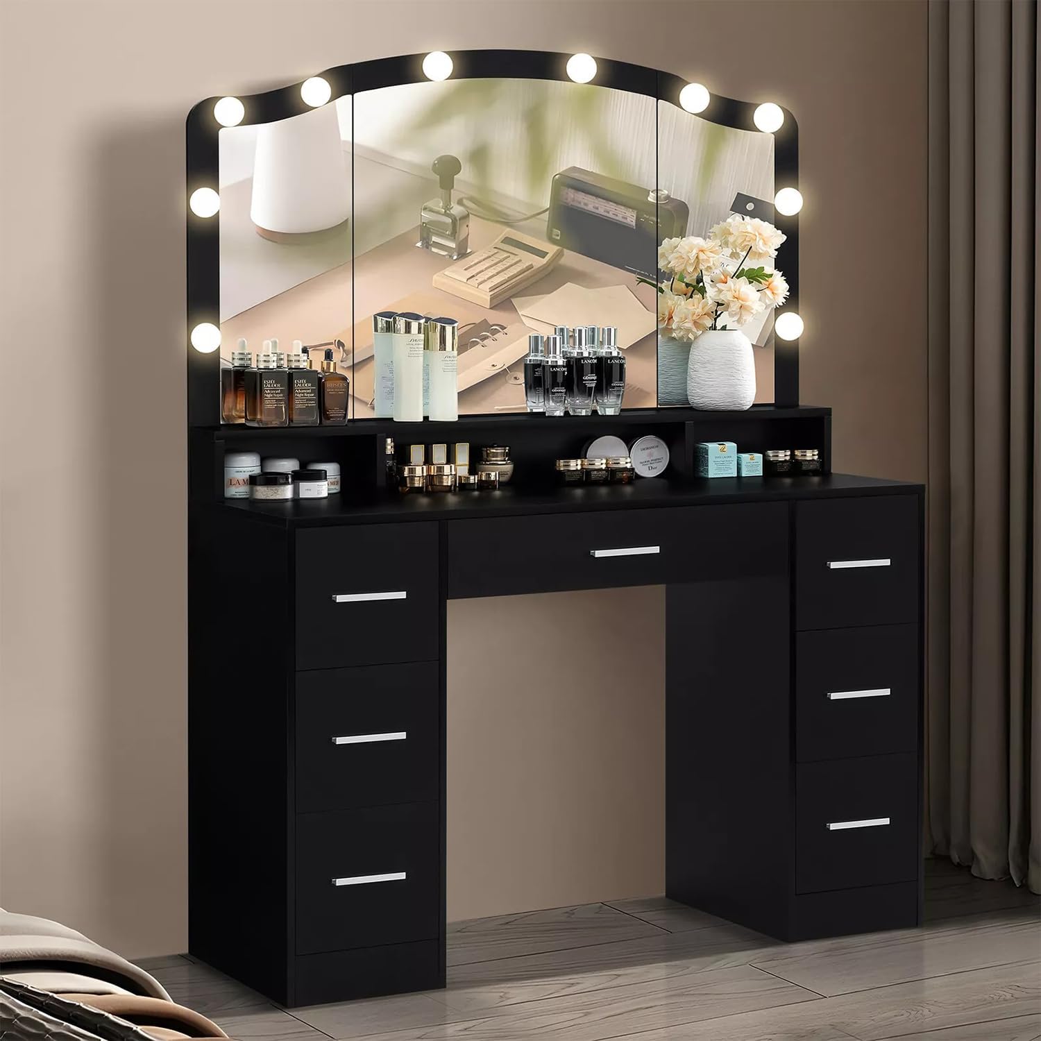Modern 43.3 inches Black Vanity Desk with Large Lighted Mirror Makeup Vanity Table LED Lights 7 Drawers Storage Shelf Shelves Dressing Drawer Dresser