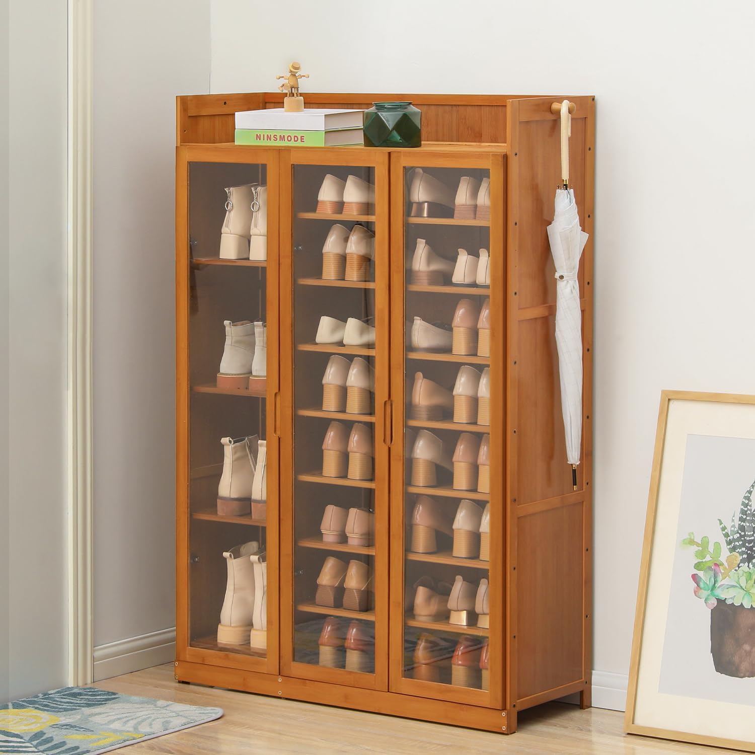 Magshion 9 Tier Bamboo Shoe Cabinet with Acrylic Doors & Tall Compartments for Narrow Closet, Hallway, Living Room
