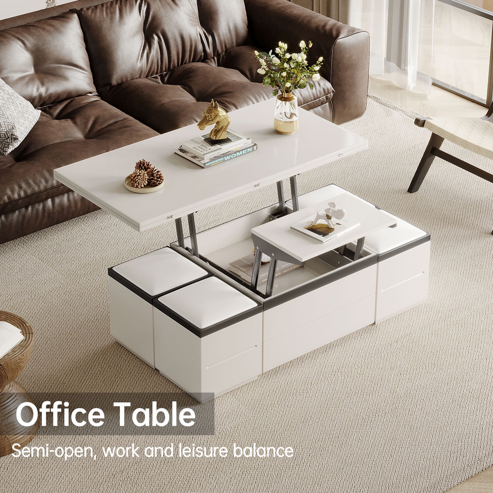 Guyii 47" Lift Top Coffee Table with 4 Stools, White Coffee Table Converts to Dining Table for 4-6 Person, Mobile Table with Drawers for Living Room