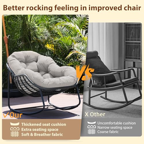 Outdoor Indoor Rocking Chair, Patio Wicker Egg Chair, Indoor & Outdoor Comfy Oversized Papasan Chair with Padded Cushion