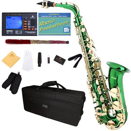Mendini by Cecilio MAS-GL+92D+PB Green Lacquer E Flat Alto Saxophone with Tuner, Case, Mouthpiece, 10 Reeds and More