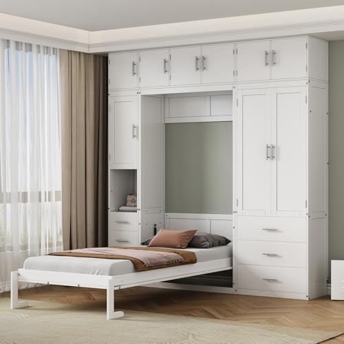 Merax Full Size Murphy Bed Cabinet with Lockers and Storage Wardrobes Shelves, Wood Foldable Hidden Wall Platform Bedframe Chest for Home, Bedroom