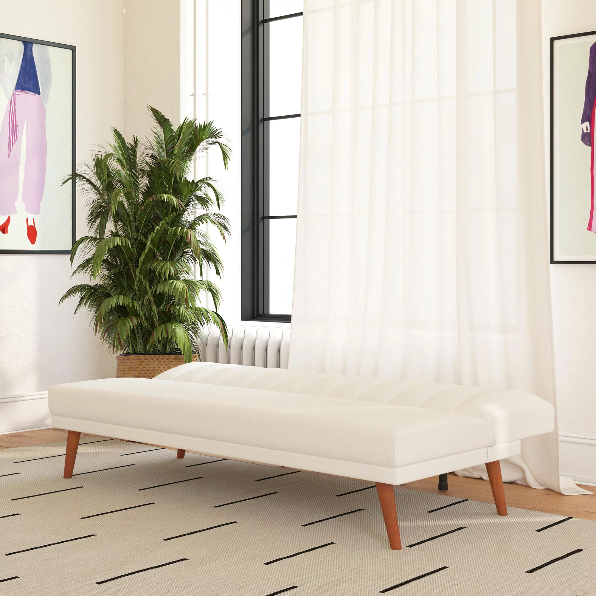 Novogratz Brittany Armless Futon, Sofa Lounger and Sleeper with Hideaway Support Legs, White Faux Leather