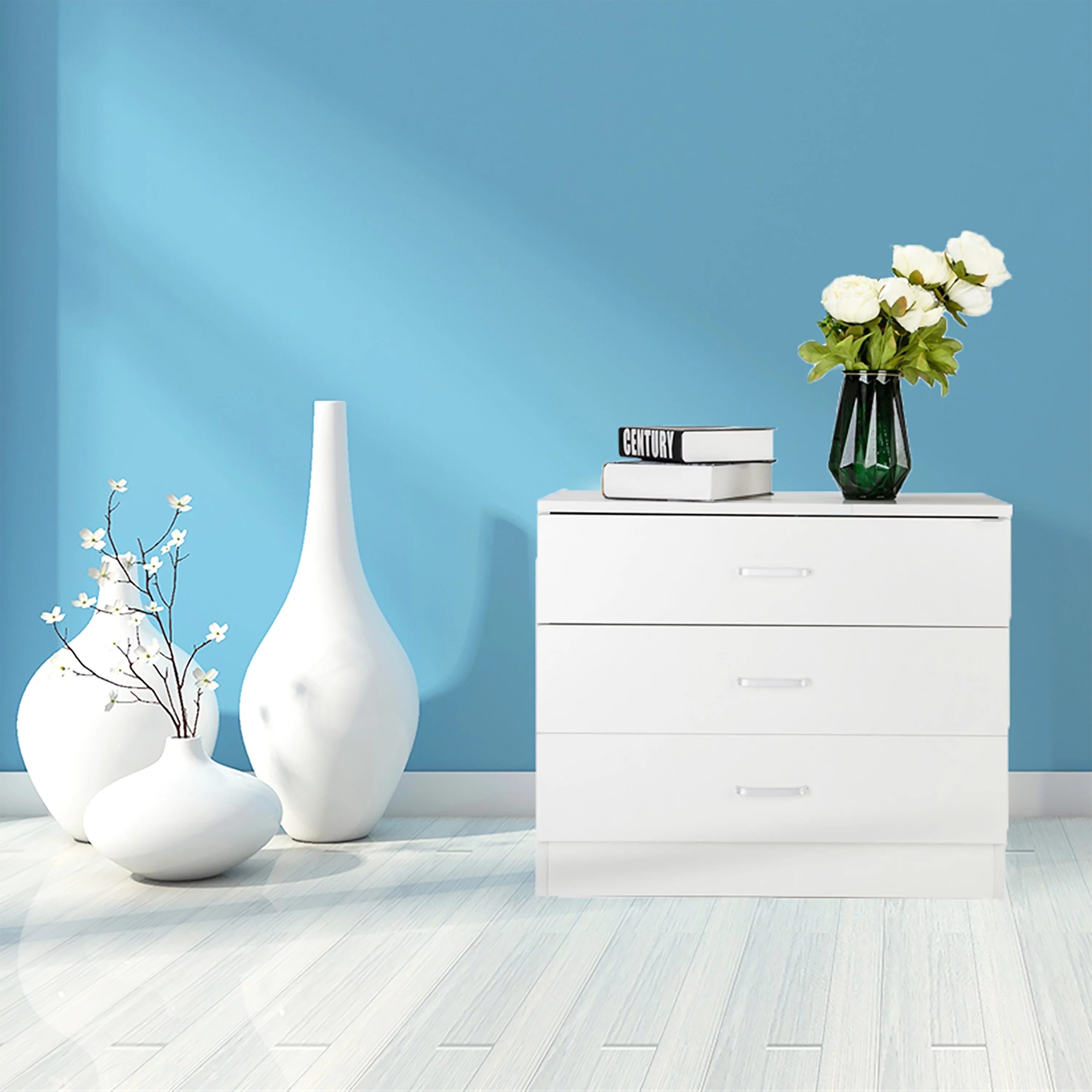 3-Drawer Dresser, White Chester Drawer Bedside Nightstand for Bedroom, Under Desk File Storage Cabinet for Office with Sliding Drawer Metal Handle