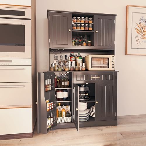 Gizoon 67.7" Kitchen Pantry Cabinet with Microwave Shelf Tall Coffee Bar Cabinet with Storage Kitchen Hutch with Countertop for Dining Room and Craft