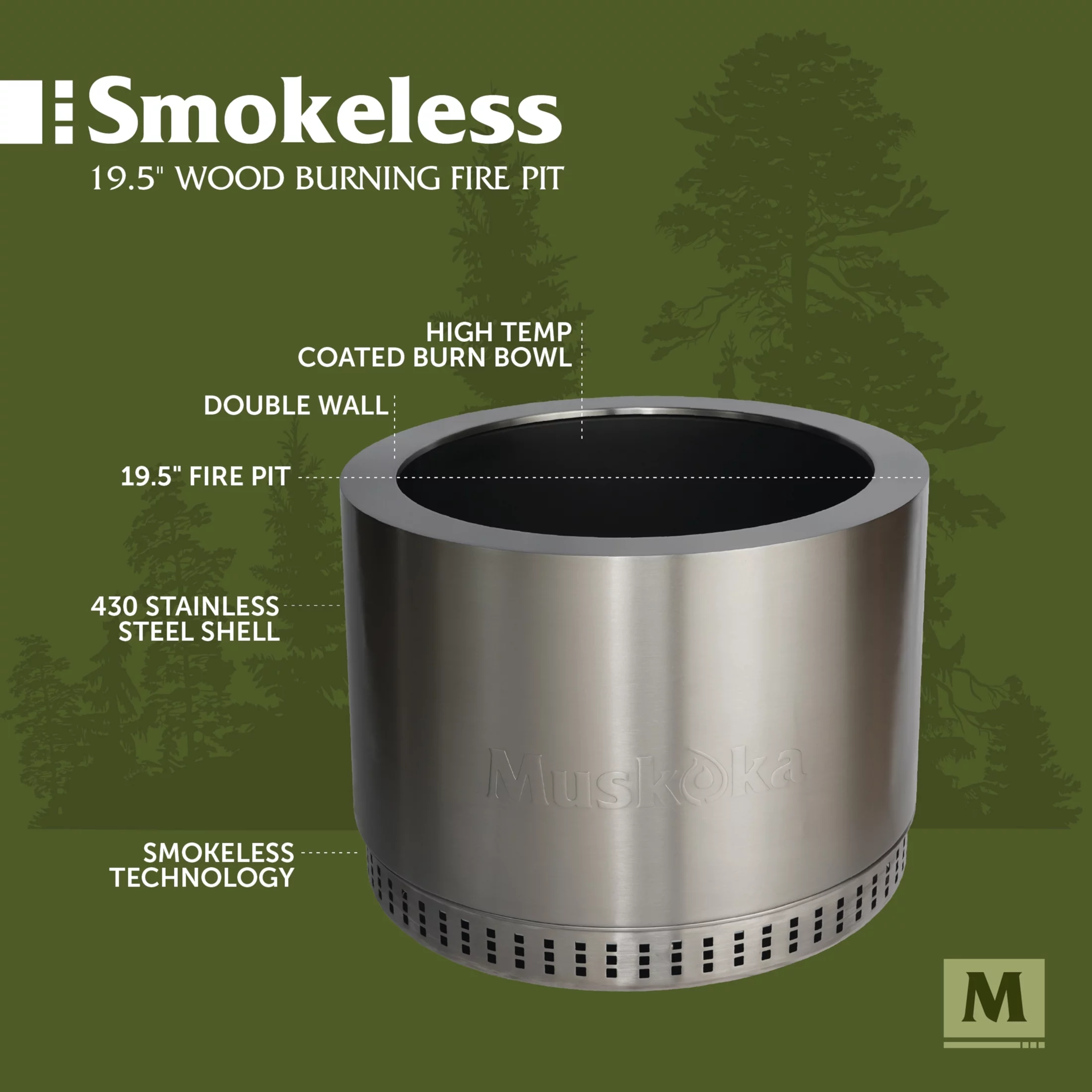 Muskoka 19.5 Stainless Steel Smokeless Wood Burning Fire Pit with Protective Cover
