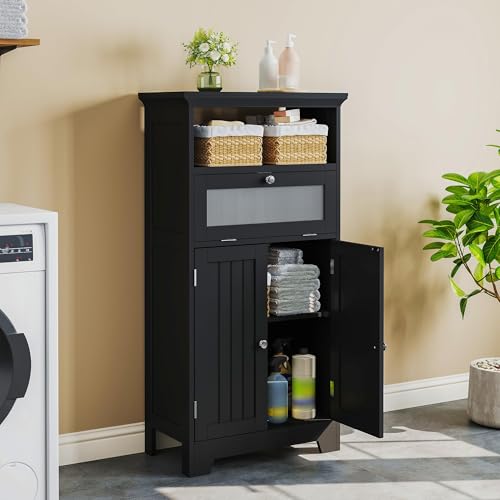 ChooChoo Bathroom Floor Storage Cabinet with Flip Glass Drawer, Freestanding with 2 Doors, Adjustable Shelf & 1 Open Storage for Living Room, Hallway