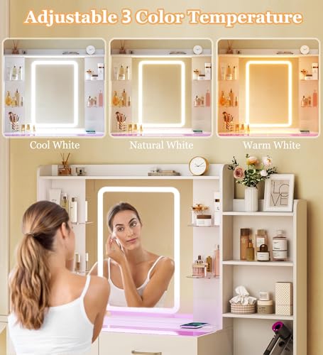Vanity Desk with Mirror and LED Lights, 43" Makeup Vanity with Glass Top & Wireless Charging, Vanity with RGB Drawers, 3 Colors Light