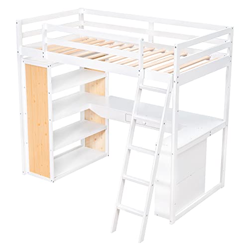 Twin Loft Bed with Staircase, Desk and Wardrobe, Wood Loft Bed with Storage Shelves and Safety Guardrail