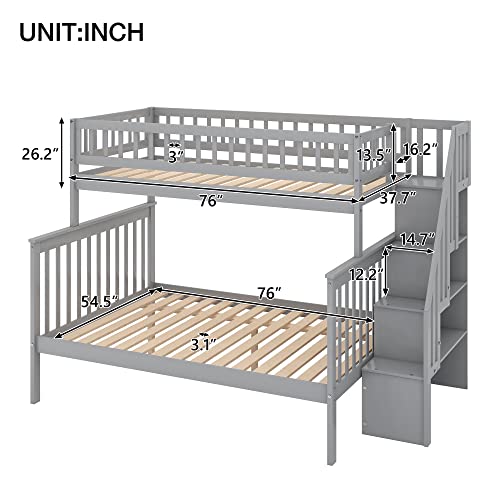 Harper & Bright Designs Bunk Beds Twin Over Full Size, Bunk Bed with Trundle,Storage Shelf and Stairway