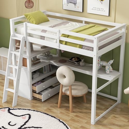 Harper & Bright Designs Twin Size Loft Bed with Wardrobe, Desk and Multiple Storage Shelves, Solid Wood Loft Bed Frame with Bookshelf