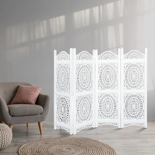 Lightnpro Wooden Room Divider - Handmade Foldable Partition Screen with Intricate Oval Carved Design Hinged