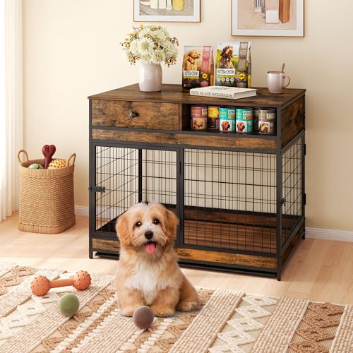 Dog Crate Furniture, 31.5 Inch Dog Kennel with Storage Drawer, Double Doors Heavy Duty Dog Cage with Removable Tray