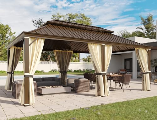 YOLENY 10' x 12' Hardtop Gazebo, Metal Gazebo with Aluminum Frame, Double Galvanized Steel Roof, Curtains and Netting Included