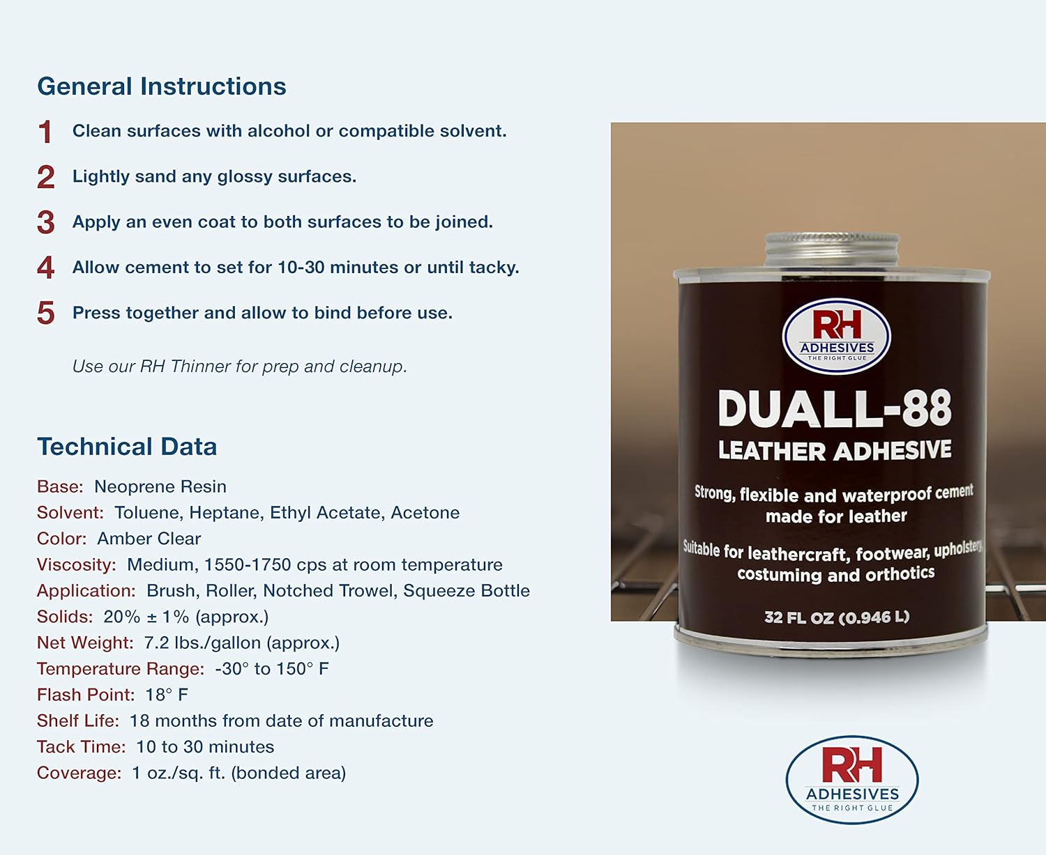 RH Adhesives Duall-88 Leather Adhesive, 1 Gallon Pack of 2