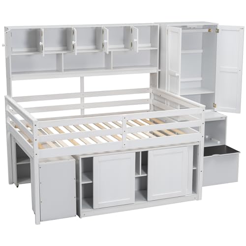 Harper & Bright Designs Full Size Loft Bed with Wardrobe, Wooden Full Loft Bed Frame Big Storage with Under-Bed Desk, Drawers and Shelves, Gray