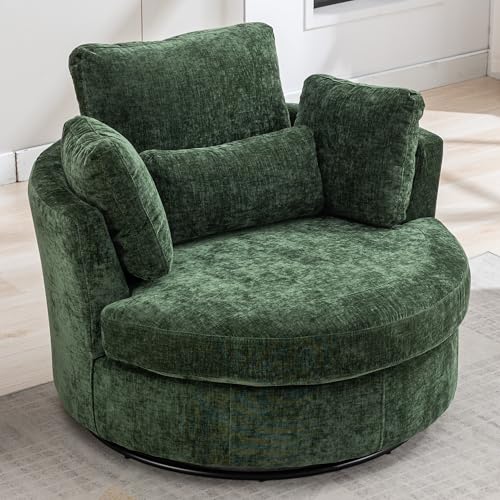 Aoiy & Wifon 42.2" W Oversized Swivel Barrel Chair with Ottoman, Upholstered Round Accent Chair with Storage Ottoman, Chenille, Beige