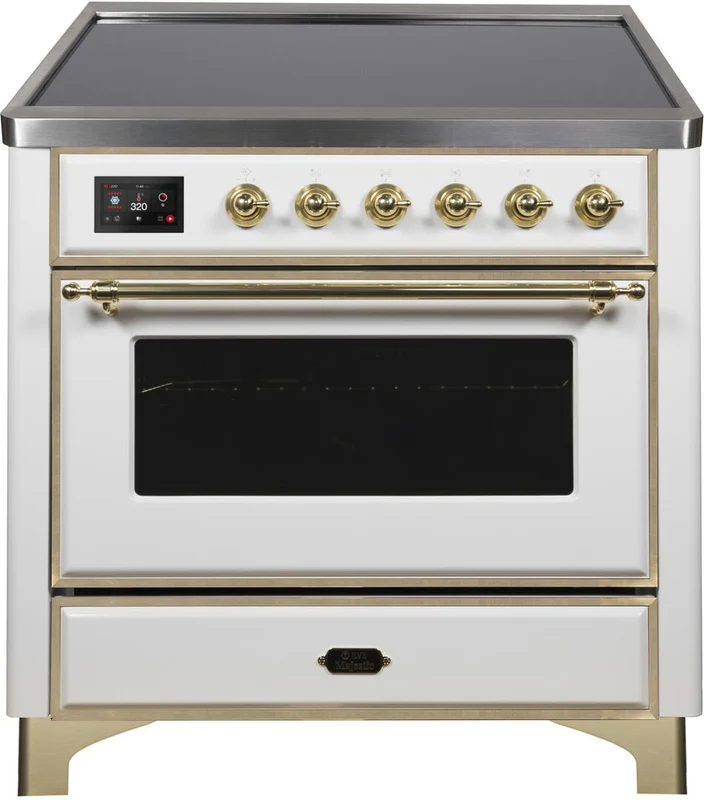 ILVE Majestic II 36 Induction Range with Element Stove and Electric Oven in White with Brass Trim, UMI09NS3WHG