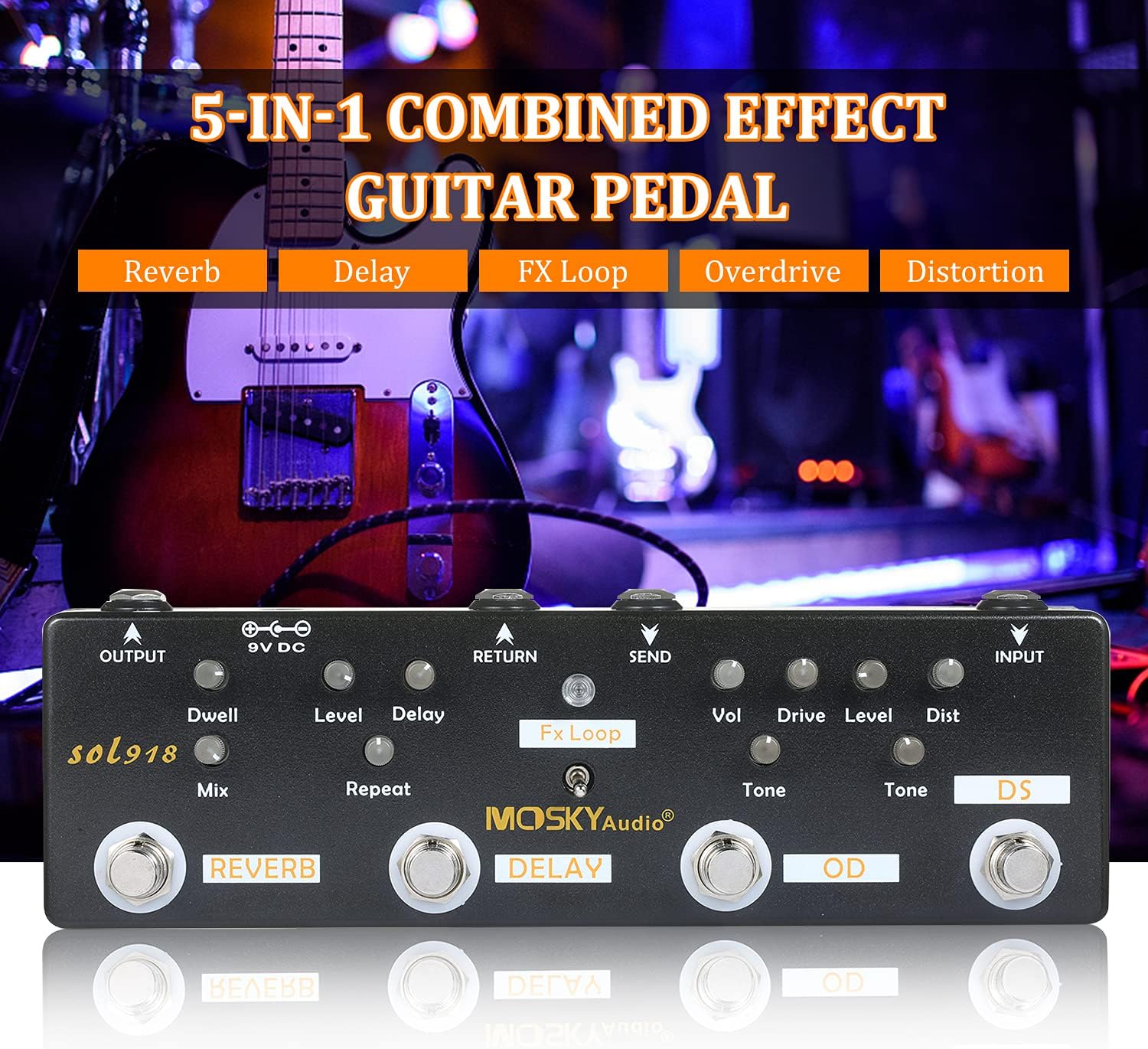 SOL918 5-in-1 Multi Effect Pedal Combined Effect Guitar Pedal True Bypass Multi-in-one Combined Effect Device Reverb Delay FX Loop Overdrive