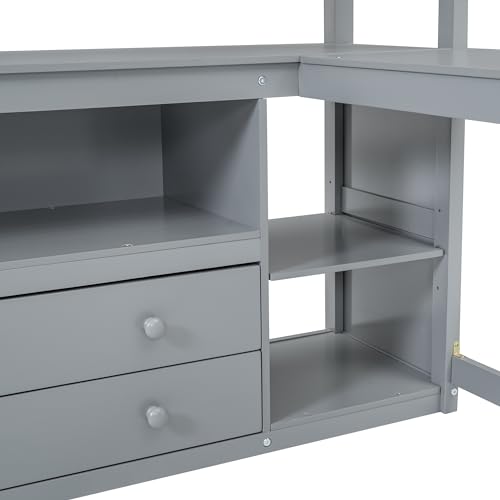 Full Size Loft Bed with Desk & Wardrobe, Solid Wood Kids Loft Bedframe w/3 Storage Drawers & 2 Shelves, Maximum Space Design, for Bedroom, Dorm, Gray