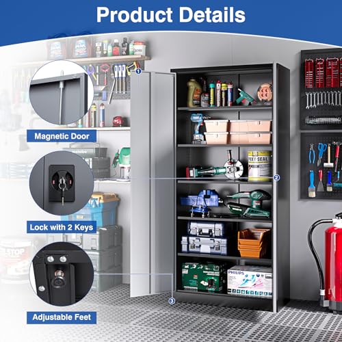 Metal Garage Storage Cabinet with Wheels,Metal Storage Cabinet with Adjustable Shelves,Steel Tool Cabinets with Locking Door for Home, School, Office