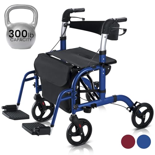 Vive 2 in 1 Rollator Transport Wheelchair Walker for Seniors - Lightweight, Foldable, Medical 4 Wheel Chair Combo with Seat