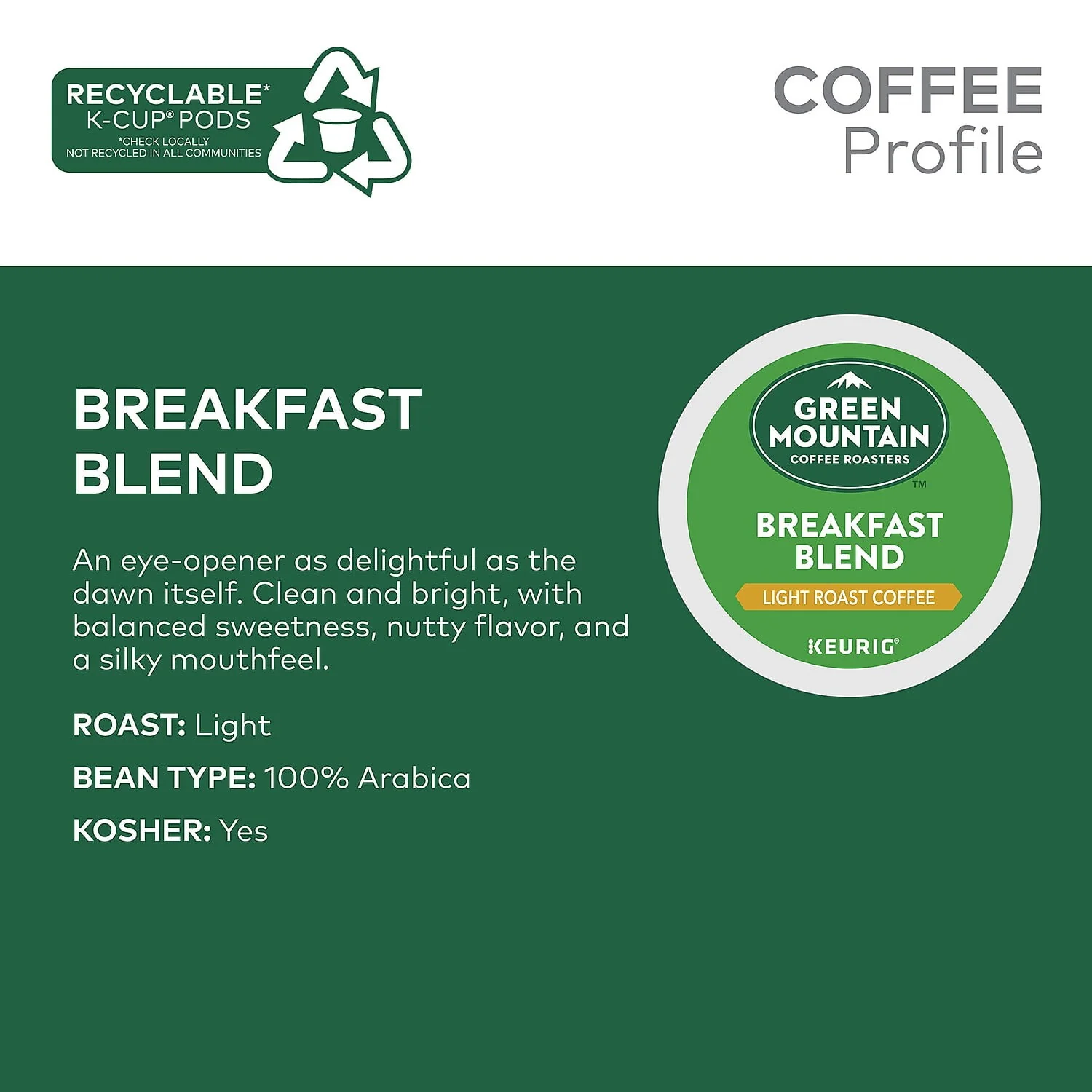 Green Mountain Coffee Roasters, Breakfast Blend Light Roast K-Cup Coffee Pods, 48 Count