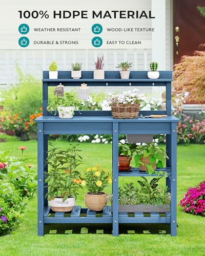 SERWALL Potting Bench Outdoor Potting Table with Sink, HDPE Potting Benches for Outside Gardening Table All Weather Use- Black