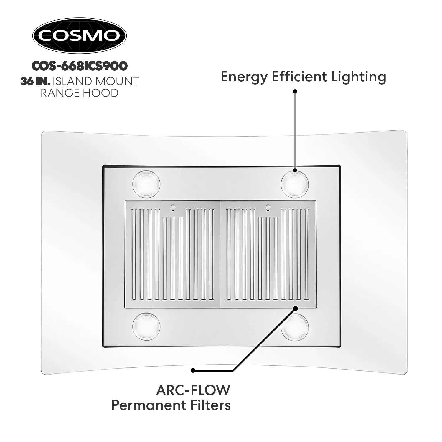 Cosmo 36 in. Ducted Island Range Hood in Stainless Steel with LED Lighting and Permanent Filters