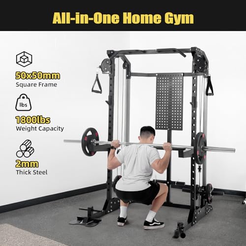 Power Cage, 2000Lbs Capacity Power Rack with Cable Crossover and Dual Independent Pulley System, Workout Cage with Storage Board