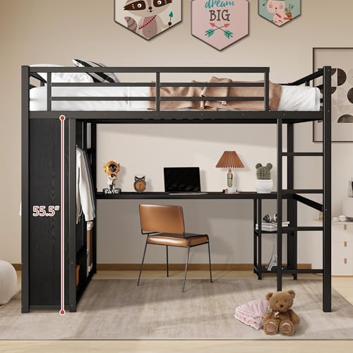 Queen Heavy Duty Metal Loft Bed with L-Shaped Desk, Wardrobe & 5 Storage Shelves – Space-Saving Design for Kids, Teens, Adults – CPC Certified