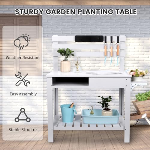 Potting Bench Table Outdoor Garden Table Wooden Work Station Outdoor Garden Work Bench Platform with 3 Side Hook Shelf Natural Wood Rice-White