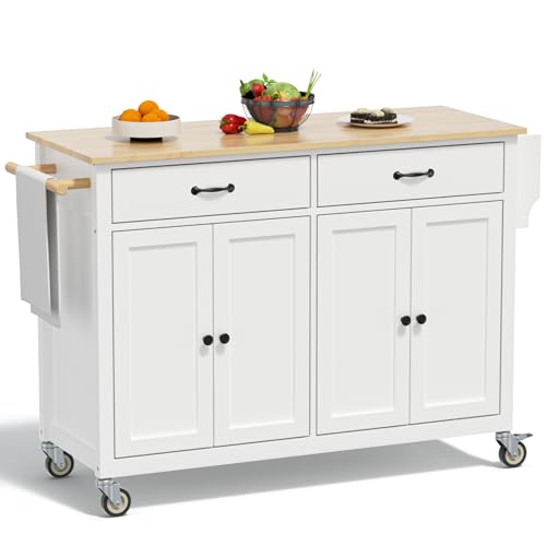 Rovibek Kitchen Island with Drawers 53 in Rolling Island Cart Mobile Solid Wood Portable Islands on Wheels with Storage Cabinet & Drawers, White