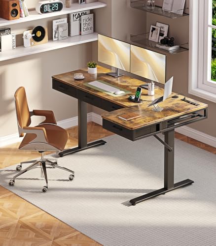 OffiGo 63 Inch L Shaped Electric Standing Desk with Drawers, Height Adjustable Large Desk with Power Outlets, Sit Stand Table