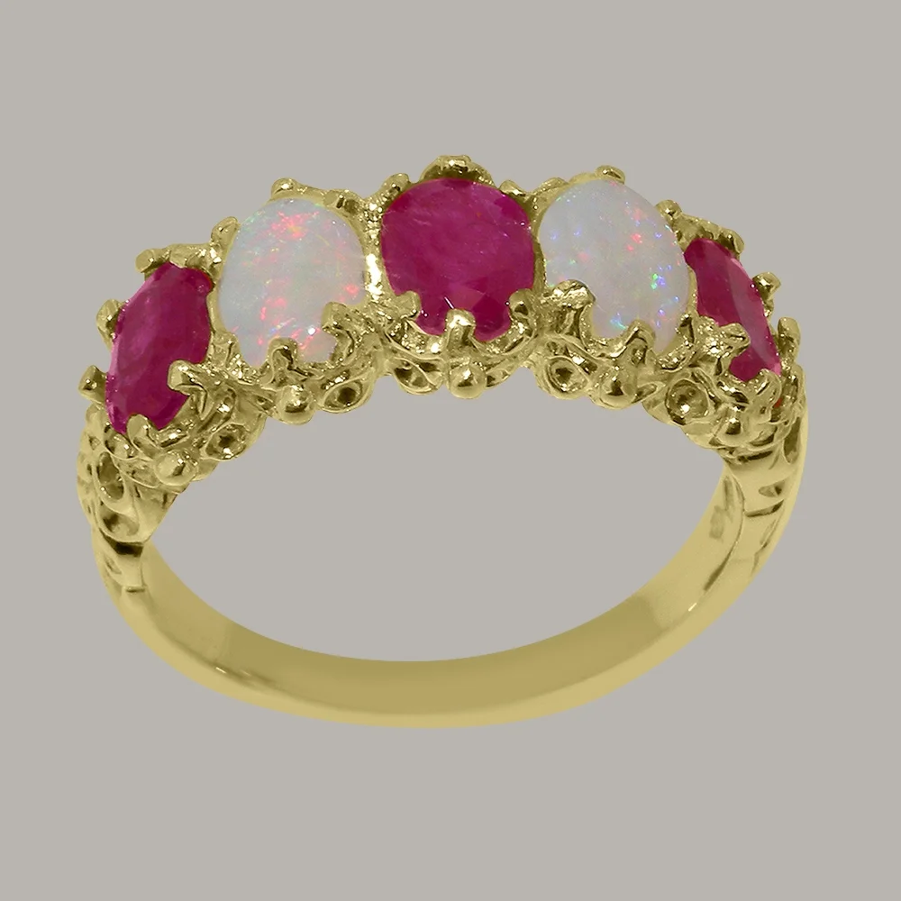 LBG British Made 10k Yellow Gold Natural Ruby & Opal Womens Eternity Ring - 33 size options - Size 10