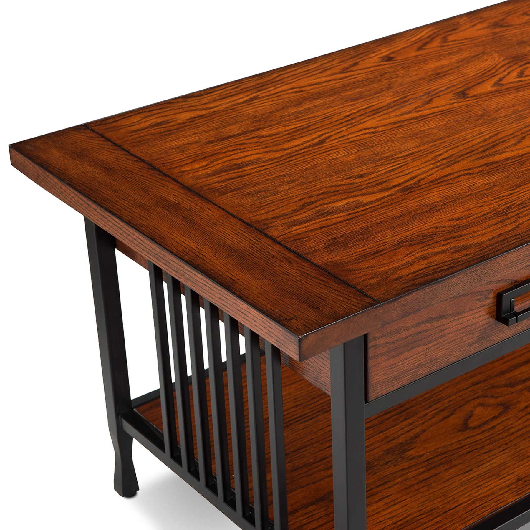 Leick Home 11204 Ironcraft Two Drawer Rustic Coffee Table with Shelf, Mission Oak and Black