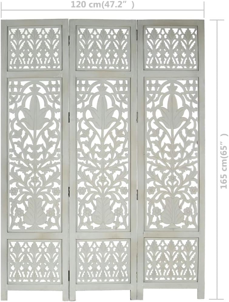[Hand-Carved Room Divider] - Elegant 3-Panel Gray Wood Screen for Stylish Home Separation