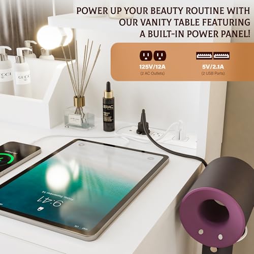 Vanity Desk with Mirror and Lights Dimmable LED Makeup Table with Drawers Side Cabinet 3 Storage Shelves Power Outlet Dressing Table Set Include