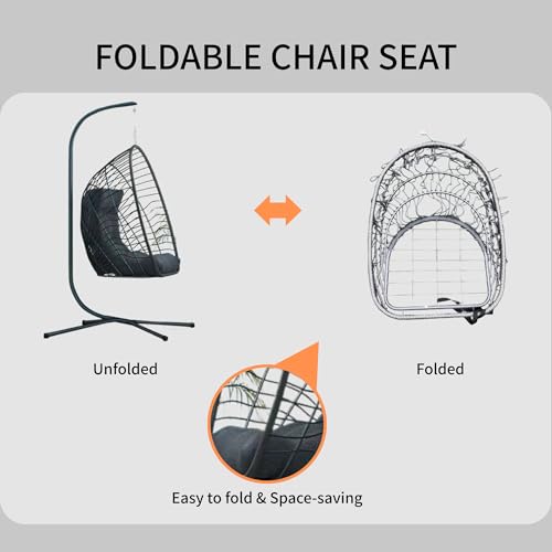 Hanging Egg Chair with Stand Indoor Outdoor, Foldable Rattan Wicker Hammock Egg Swing Chair for Bedroom Porch Patio Garden, Thickened Cushion