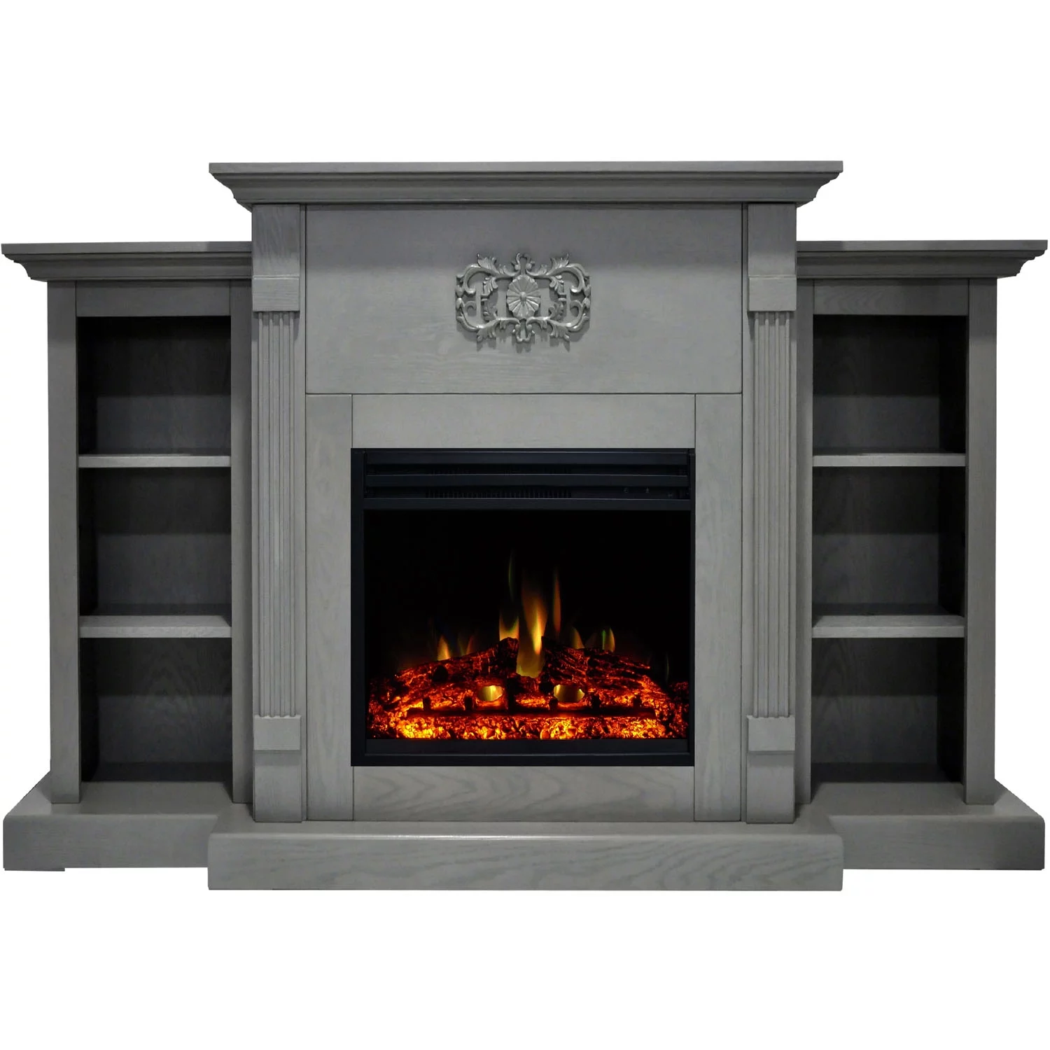 Cambridge Sanoma Electric Fireplace Heater with 72" Gray Mantel, Bookshelves, Enhanced Log Display, Multi-Color Flames, and Remote