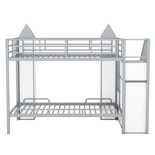 Full-Over-Full Castle Style Bunk Bed with 2 Drawers and 3 Shelves, Wood Bunk Bed Frame with Slide and Storage Staircase for Kids Teens Boys Girls