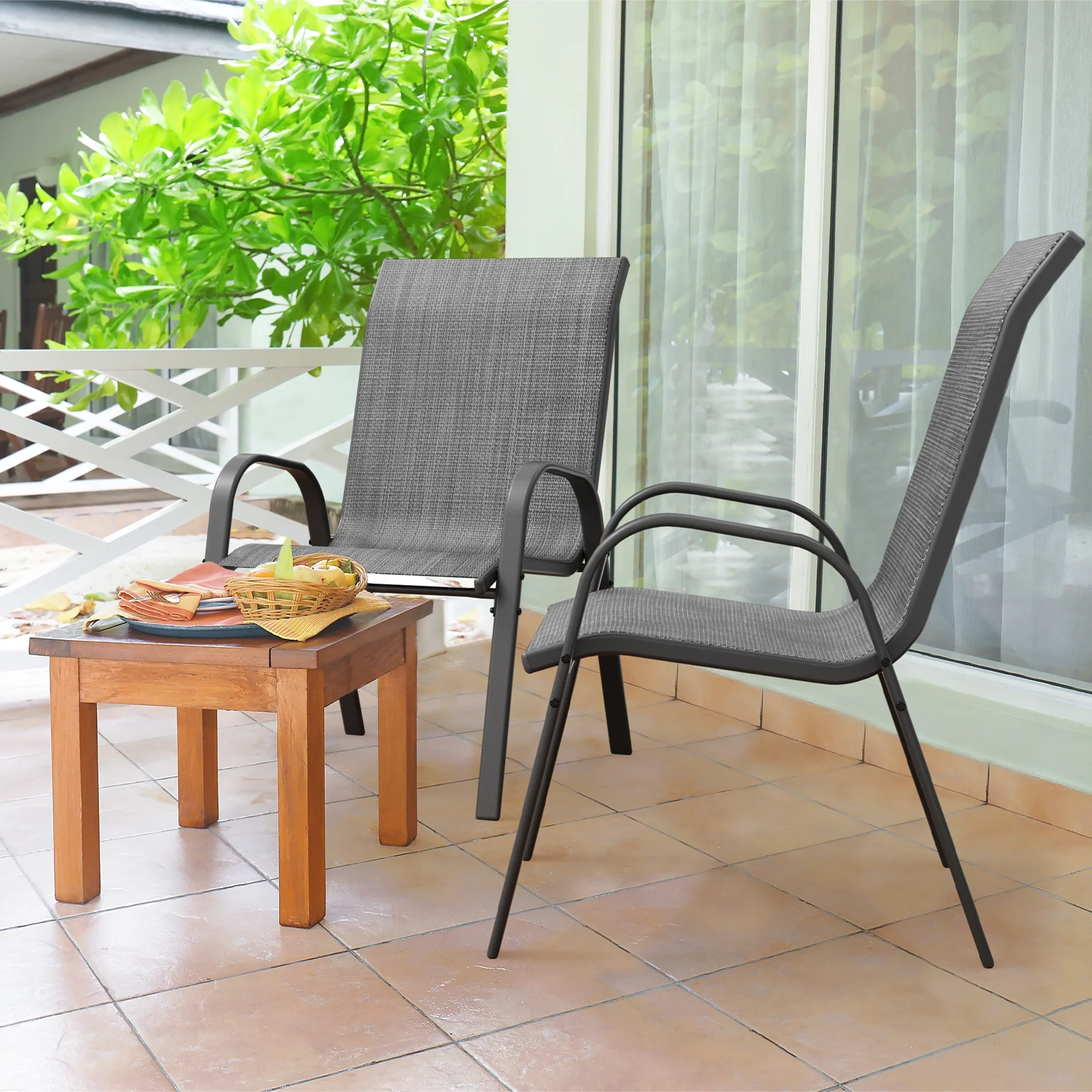 ELPOSUN Patio Chairs Set of 2, Outdoor Stackable Dining Chairs for All Weather, Breathable Garden Outdoor Furniture for Backyard Deck,Grey & White