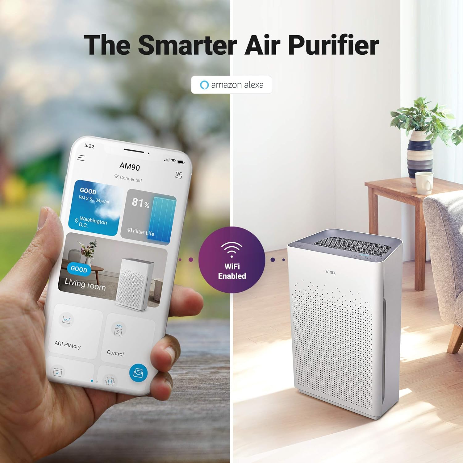 Winix AM90 Wi-Fi Air Purifier, 360sq ft Room Capacity, Amazon Alexa and Dash Replenishment Enabled