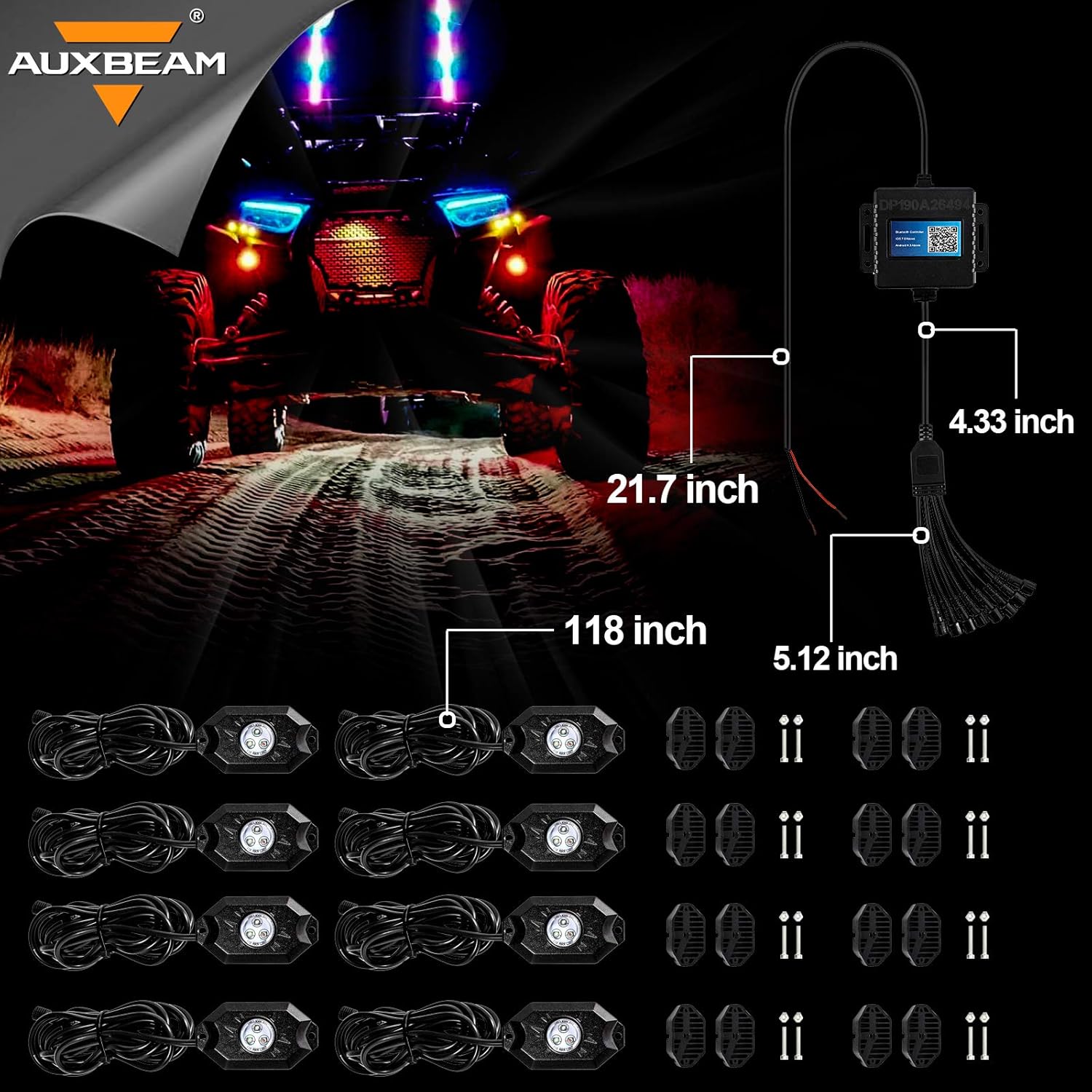 Auxbeam Rock Lights RGB 8 Pods Bluetooth, Car Underglow Lights for Jeep Wrangler Truck SUV UTV ATV Offroad Boat