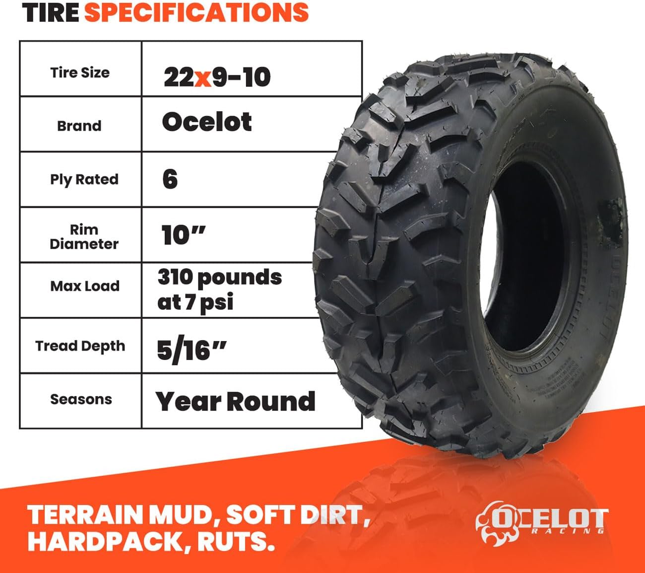 Ocelot P367 22x9-10 ATV UTV All-Terrain Tire with 6-ply Construction, OEM Style Tread, Wide Footprint for Mud and Soft Dirt