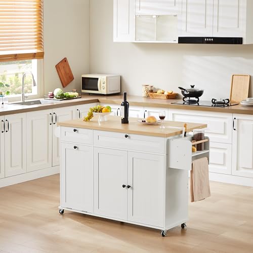 60" Kitchen Island with Power Outlet & Drop Leaf, Kitchen Rolling Island with Spice Rack & Towel Rack, Knife Holder